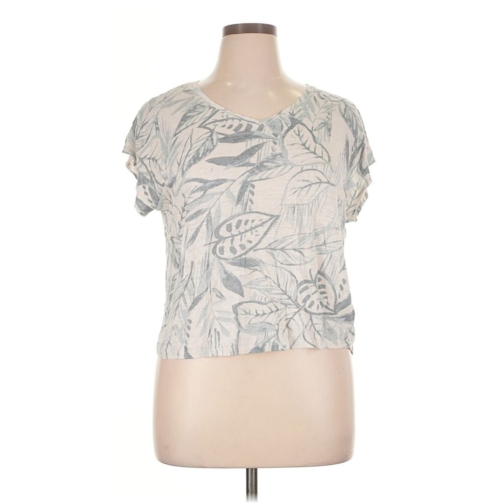 tahari xl 100% linen floral tropical leaf summer knit top cream blue coastal